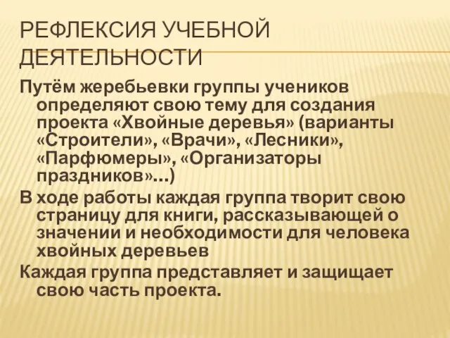 РЕФЛЕКСИЯ УЧЕБНОЙ ДЕЯТЕЛЬНОСТИ Путём жеребьевки группы учеников определяют свою тему для создания