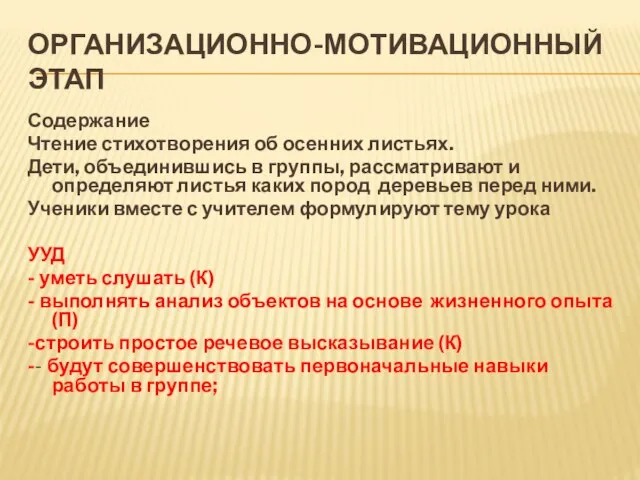 ОРГАНИЗАЦИОННО-МОТИВАЦИОННЫЙ ЭТАП Содержание Чтение стихотворения об осенних листьях. Дети, объединившись в группы,