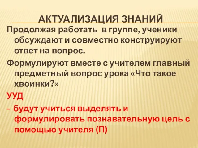 АКТУАЛИЗАЦИЯ ЗНАНИЙ Продолжая работать в группе, ученики обсуждают и совместно конструируют ответ