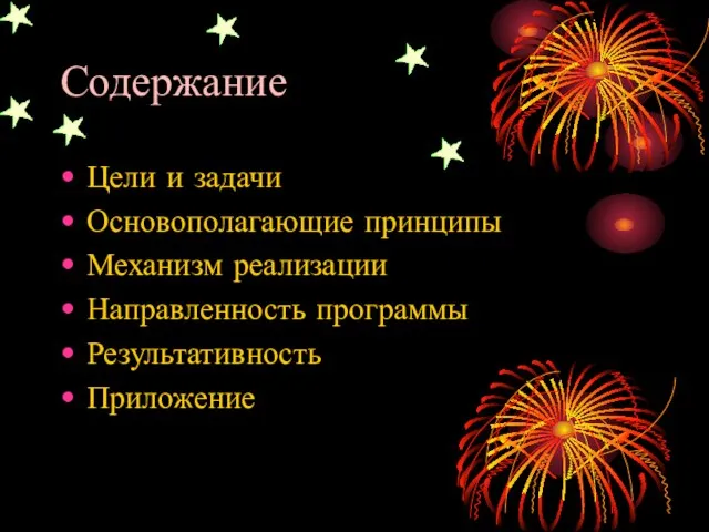 Содержание Цели и задачи Основополагающие принципы Механизм реализации Направленность программы Результативность Приложение