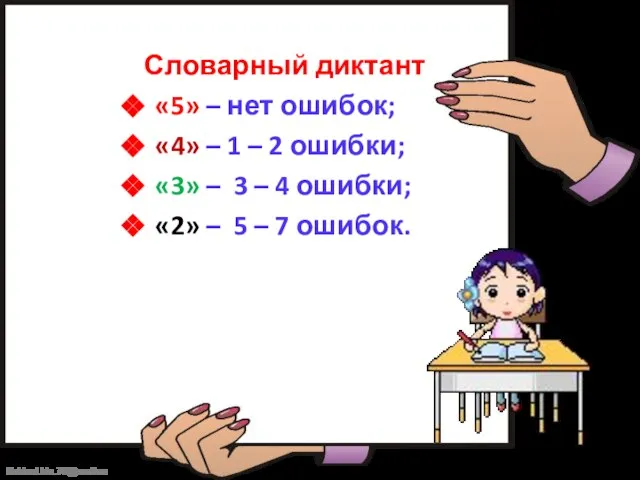 Словарный диктант «5» – нет ошибок; «4» – 1 – 2 ошибки;