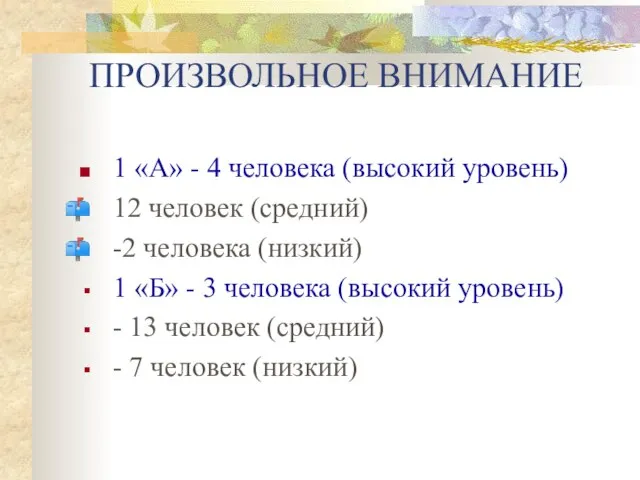 ПРОИЗВОЛЬНОЕ ВНИМАНИЕ 1 «А» - 4 человека (высокий уровень) 12 человек (средний)