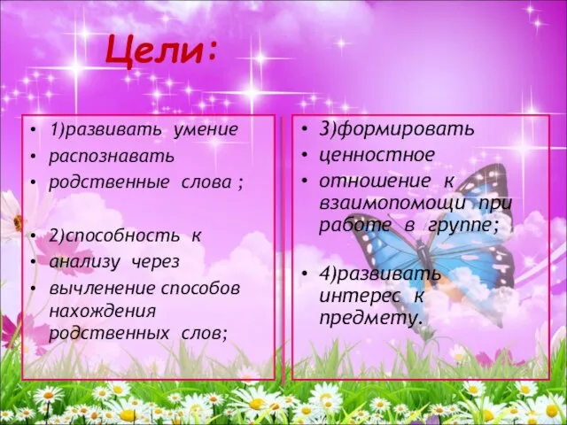 Цели: 1)развивать умение распознавать родственные слова ; 2)способность к анализу через вычленение