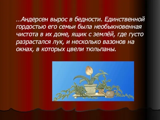 …Андерсен вырос в бедности. Единственной гордостью его семьи была необыкновенная чистота в