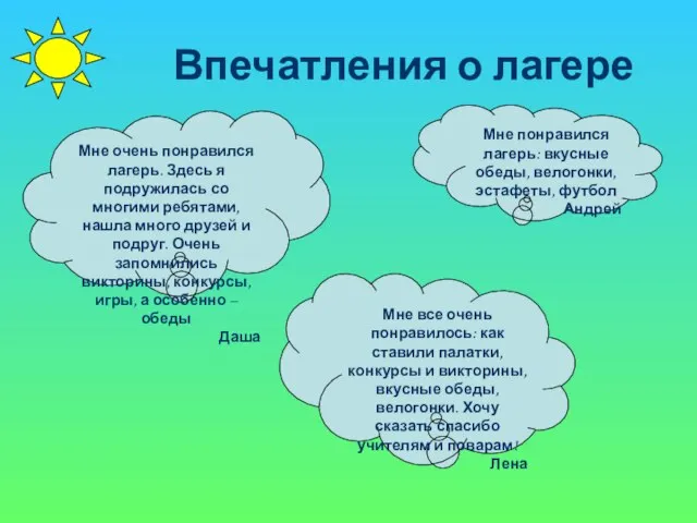 Впечатления о лагере Мне очень понравился лагерь. Здесь я подружилась со многими