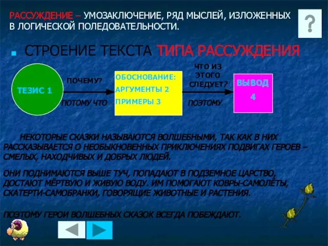 РАССУЖДЕНИЕ – УМОЗАКЛЮЧЕНИЕ, РЯД МЫСЛЕЙ, ИЗЛОЖЕННЫХ В ЛОГИЧЕСКОЙ ПОЛЕДОВАТЕЛЬНОСТИ. СТРОЕНИЕ ТЕКСТА ТИПА