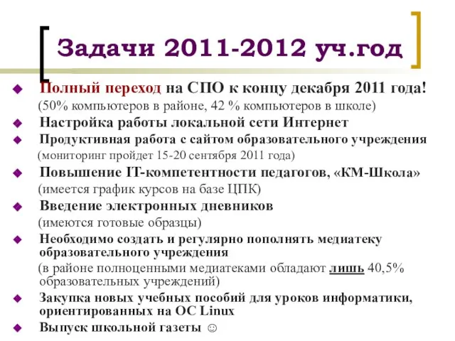 Задачи 2011-2012 уч.год Полный переход на СПО к концу декабря 2011 года!