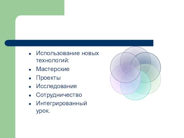 Использование новых технологий: Мастерские Проекты Исследования Сотрудничество Интегрированный урок.