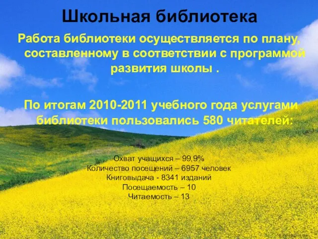 Школьная библиотека Работа библиотеки осуществляется по плану, составленному в соответствии с программой