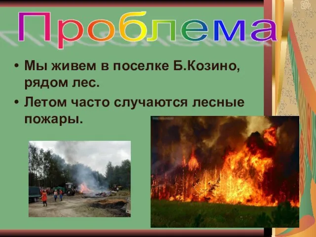 Мы живем в поселке Б.Козино, рядом лес. Летом часто случаются лесные пожары. Проблема