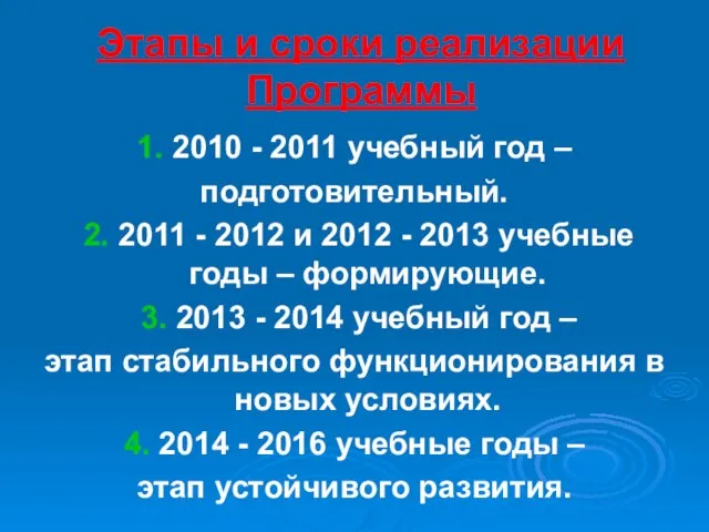 Этапы и сроки реализации Программы 1. 2010 - 2011 учебный год –