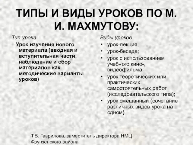 Т.В. Гаврилова, заместитель директора НМЦ Фрунзенского района ТИПЫ И ВИДЫ УРОКОВ ПО