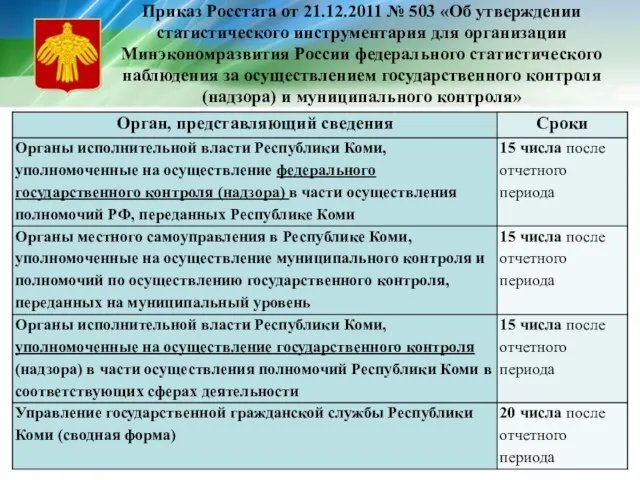 Приказ Росстата от 21.12.2011 № 503 «Об утверждении статистического инструментария для организации