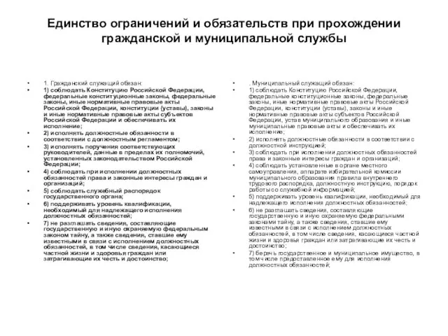 Единство ограничений и обязательств при прохождении гражданской и муниципальной службы 1. Гражданский