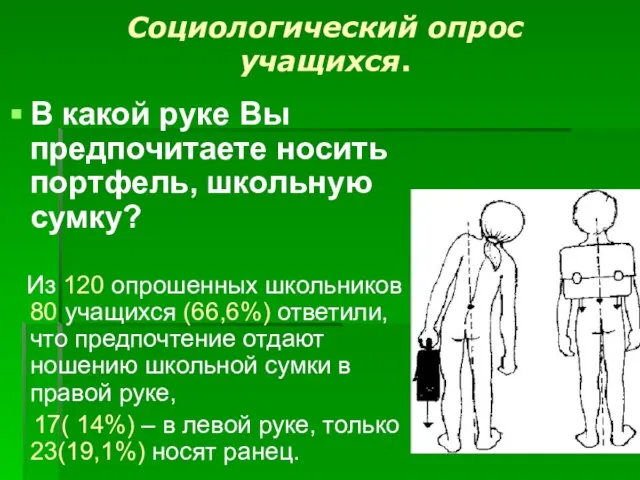 Социологический опрос учащихся. В какой руке Вы предпочитаете носить портфель, школьную сумку?