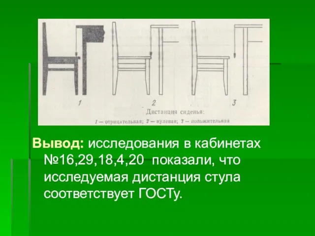 Вывод: исследования в кабинетах №16,29,18,4,20 показали, что исследуемая дистанция стула соответствует ГОСТу.