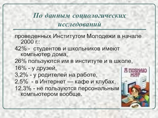 По данным социологических исследований проведенных Институтом Молодежи в начале 2000 г.: 42%