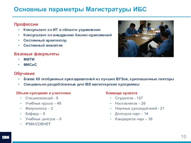 Основные параметры Магистратуры ИБС Объем программ и участники Специализаций - 9 Учебных