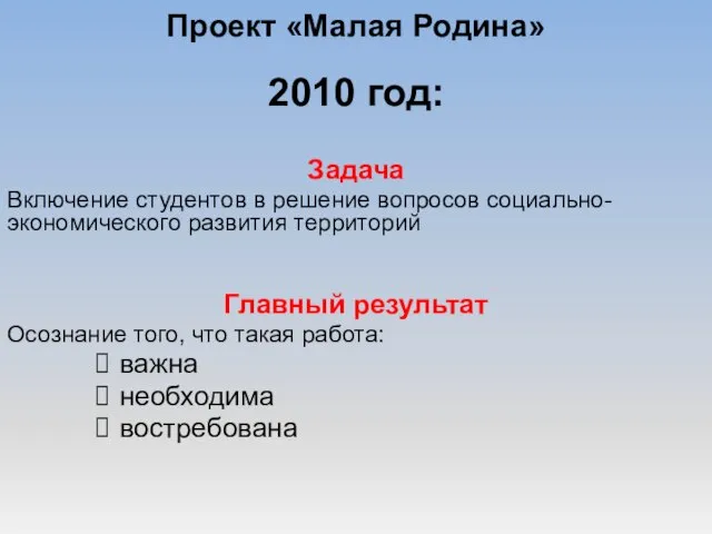 Проект «Малая Родина» Задача Включение студентов в решение вопросов социально-экономического развития территорий