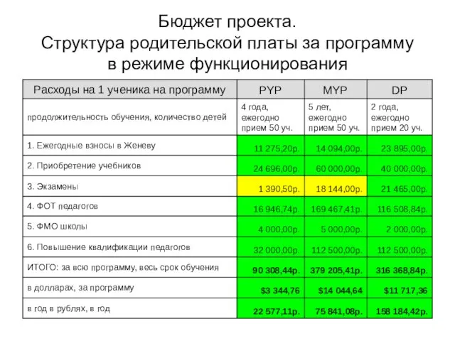 Бюджет проекта. Структура родительской платы за программу в режиме функционирования