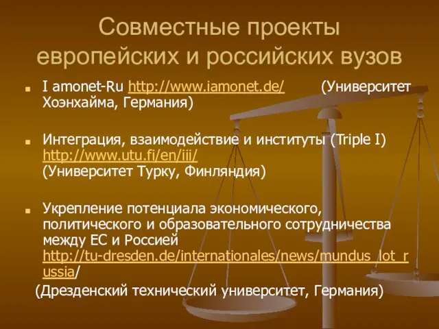 Совместные проекты европейских и российских вузов I amonet-Ru http://www.iamonet.de/ (Университет Хоэнхайма, Германия)