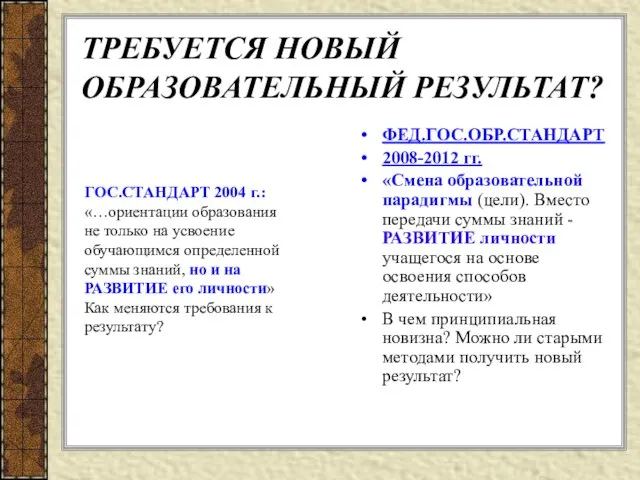 ТРЕБУЕТСЯ НОВЫЙ ОБРАЗОВАТЕЛЬНЫЙ РЕЗУЛЬТАТ? ФЕД.ГОС.ОБР.СТАНДАРТ 2008-2012 гг. «Смена образовательной парадигмы (цели). Вместо