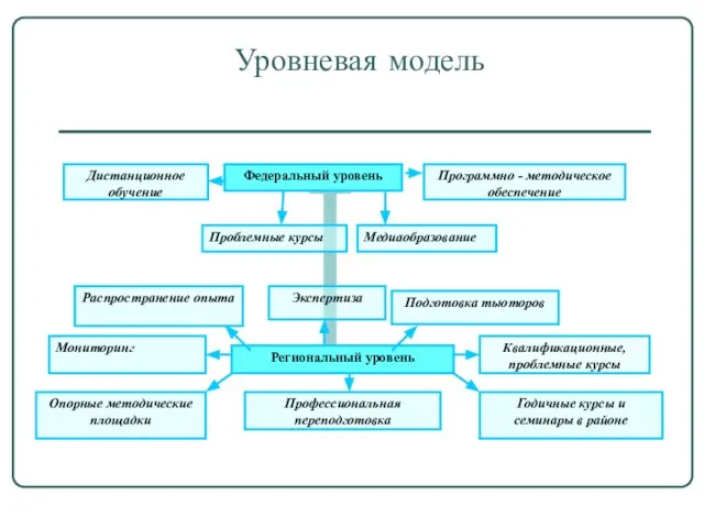 Уровневая модель Федеральный уровень Дистанционное обучение Проблемные курсы Медиаобразование Программно - методическое