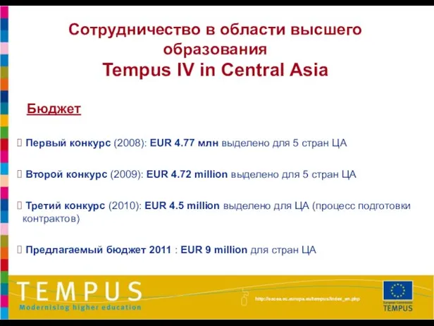 Сотрудничество в области высшего образования Tempus IV in Central Asia Бюджет Первый