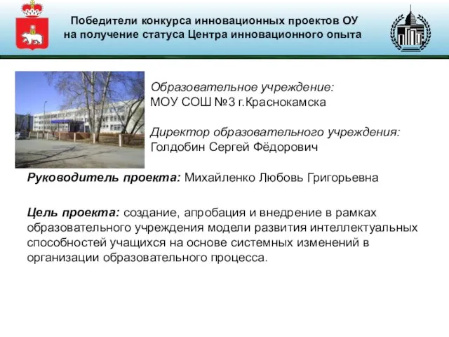 Руководитель проекта: Михайленко Любовь Григорьевна Цель проекта: создание, апробация и внедрение в