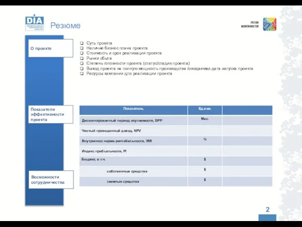 Резюме О проекте Показатели эффективности проекта Возможности сотрудничества Суть проекта Наличие бизнес