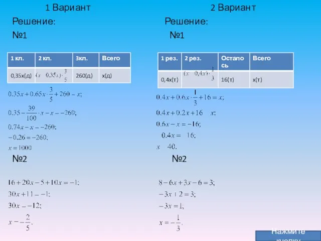 1 Вариант 2 Вариант Решение: Решение: №1 №1 №2 №2 Нажмите кнопку