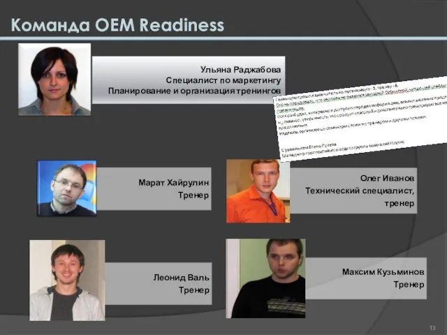 Команда OEM Readiness Ульяна Раджабова Специалист по маркетингу Планирование и организация тренингов