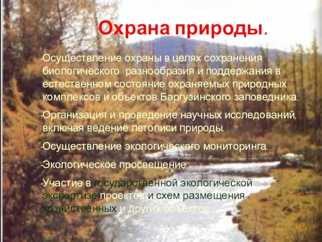 Баргузинский заповедник как составная часть природного наследия "озеро Байкал" Охрана природы. Осуществление