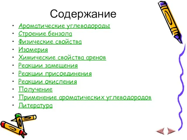 Содержание Ароматические углеводороды Строение бензола Физические свойства Изомерия Химические свойства аренов Реакции