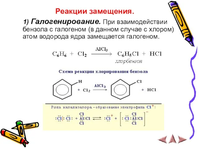 Реакции замещения. 1) Галогенирование. При взаимодействии бензола с галогеном (в данном случае