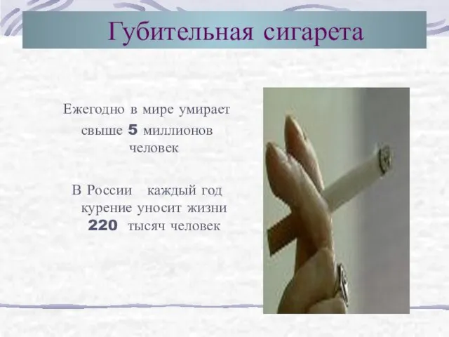 Губительная сигарета Ежегодно в мире умирает свыше 5 миллионов человек В России