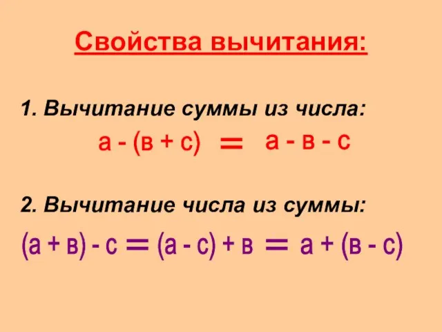 Свойства вычитания: Вычитание суммы из числа: Вычитание числа из суммы: а -