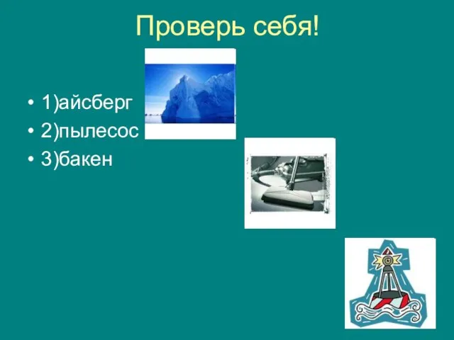 Проверь себя! 1)айсберг 2)пылесос 3)бакен