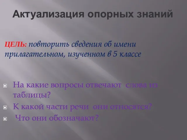 Актуализация опорных знаний На какие вопросы отвечают слова из таблицы? К какой