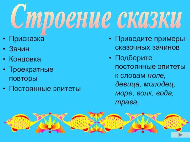 Строение сказки Присказка Зачин Концовка Троекратные повторы Постоянные эпитеты Приведите примеры сказочных