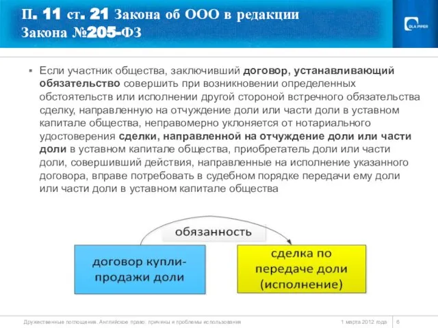 П. 11 ст. 21 Закона об ООО в редакции Закона №205-ФЗ Если