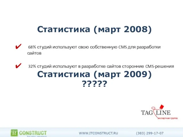 Статистика (март 2008) 68% студий используют свою собственную CMS для разработки сайтов