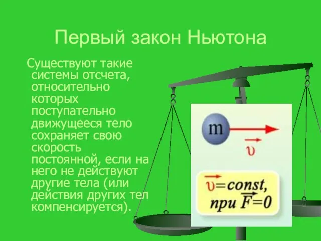 Первый закон Ньютона Существуют такие системы отсчета, относительно которых поступательно движущееся тело