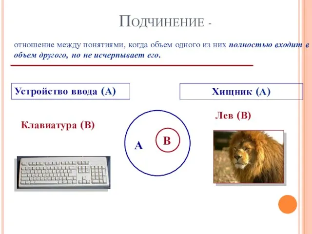 Подчинение - отношение между понятиями, когда объем одного из них полностью входит