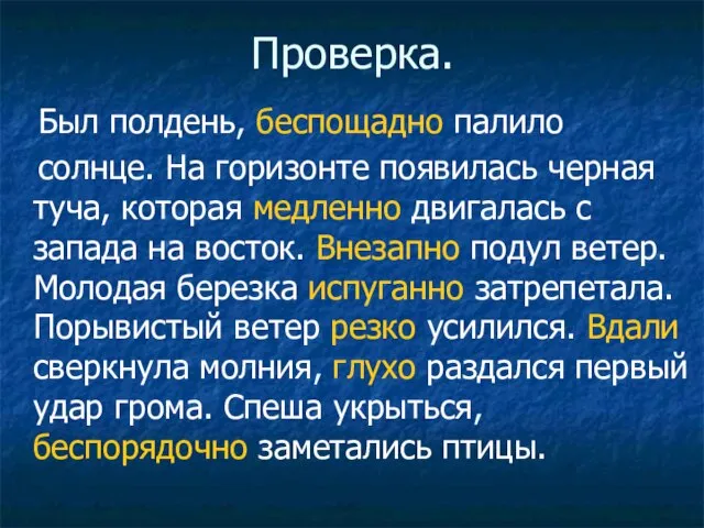 Проверка. Был полдень, беспощадно палило солнце. На горизонте появилась черная туча, которая