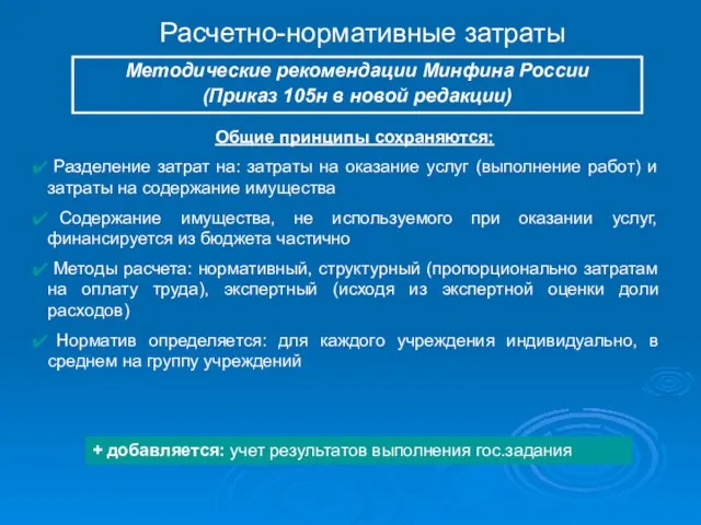 Расчетно-нормативные затраты Методические рекомендации Минфина России (Приказ 105н в новой редакции) Общие