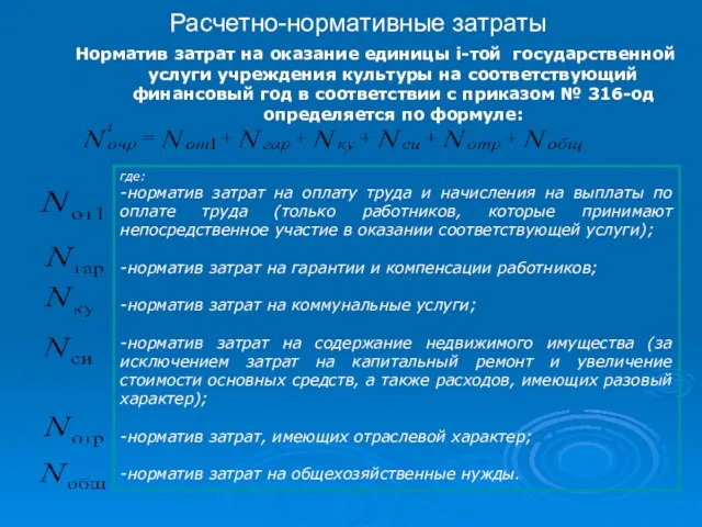 Расчетно-нормативные затраты Норматив затрат на оказание единицы i-той государственной услуги учреждения культуры