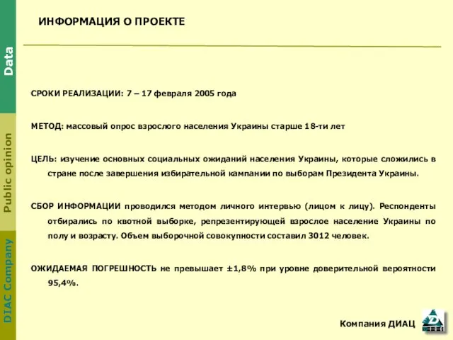 ИНФОРМАЦИЯ О ПРОЕКТЕ СРОКИ РЕАЛИЗАЦИИ: 7 – 17 февраля 2005 года МЕТОД: