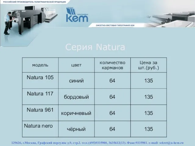 129626, г.Москва, Графский переулок д.9, стр.2. тел.:(495)9335900, 3635612(13). Факс:9335901. e-mail: sekret@a-kem.ru Серия Natura