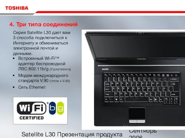 Сентябрь 2006 Satellite L30 Презентация продукта 4. Три типа соединений Встроенный Wi-Fi™